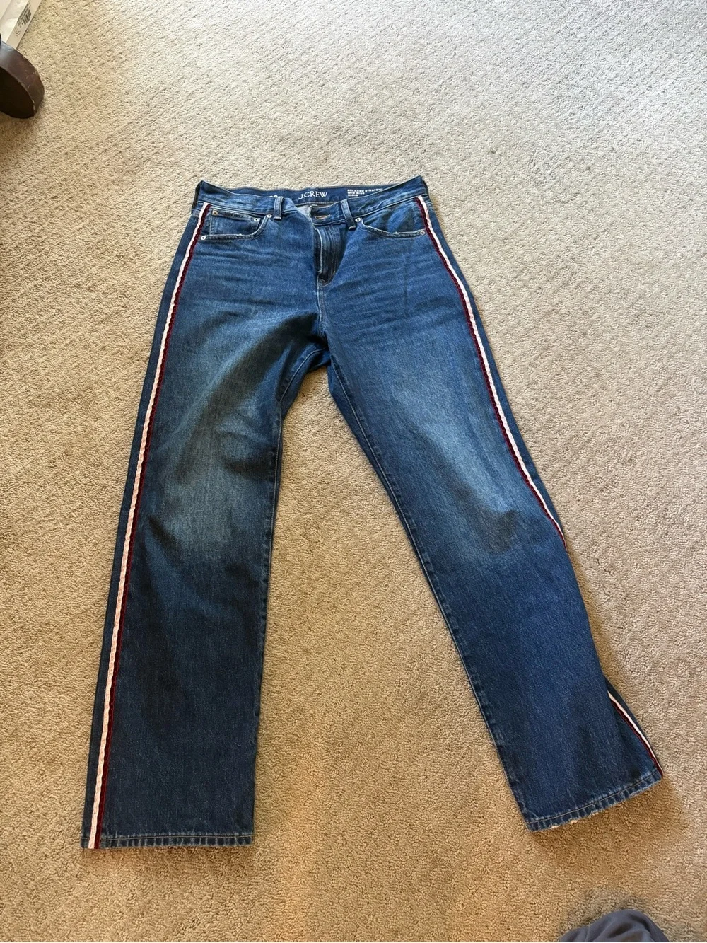 J. Crew Straight-Leg Dark Blue Jeans with Red & Pink Side Stripes